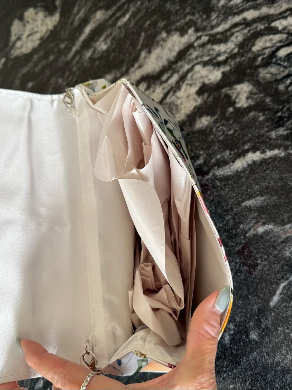 Jewel Badgley Mischa Floral Satin Bow Purse with White Background, NWT